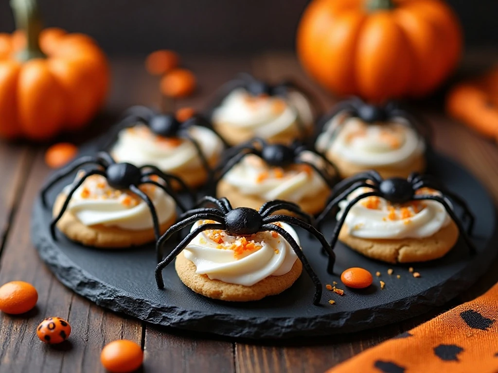 Finished Halloween spider cookies arranged on a festive dessert table