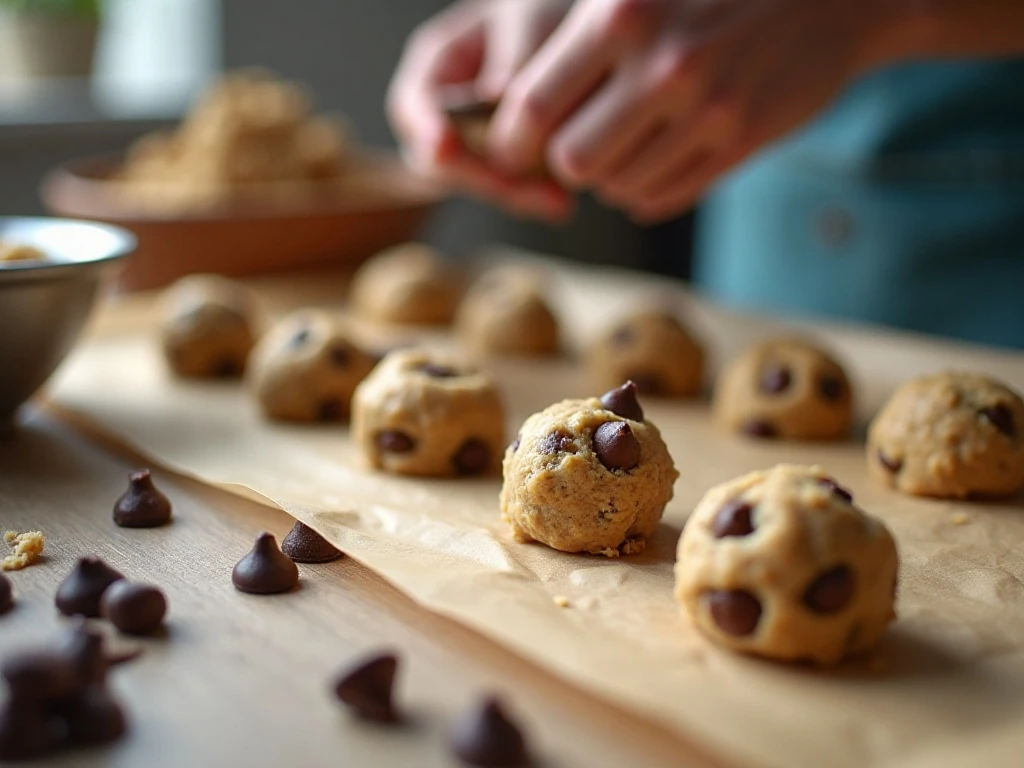 Chocolate-chip cookie dough portions ready for baking