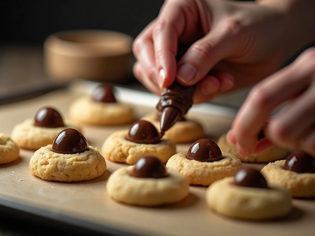 Freshly baked cookies being decorated with chocolate spider bodies
