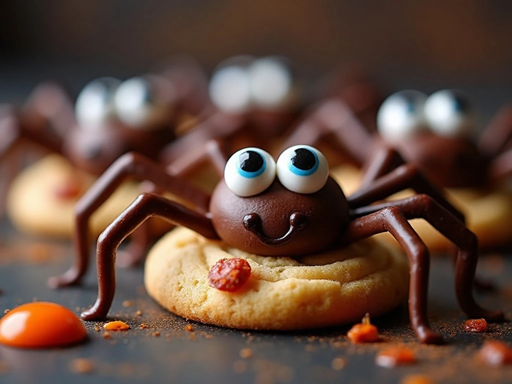 Close-up of decorated spider cookies with candy eyes and chocolate legs