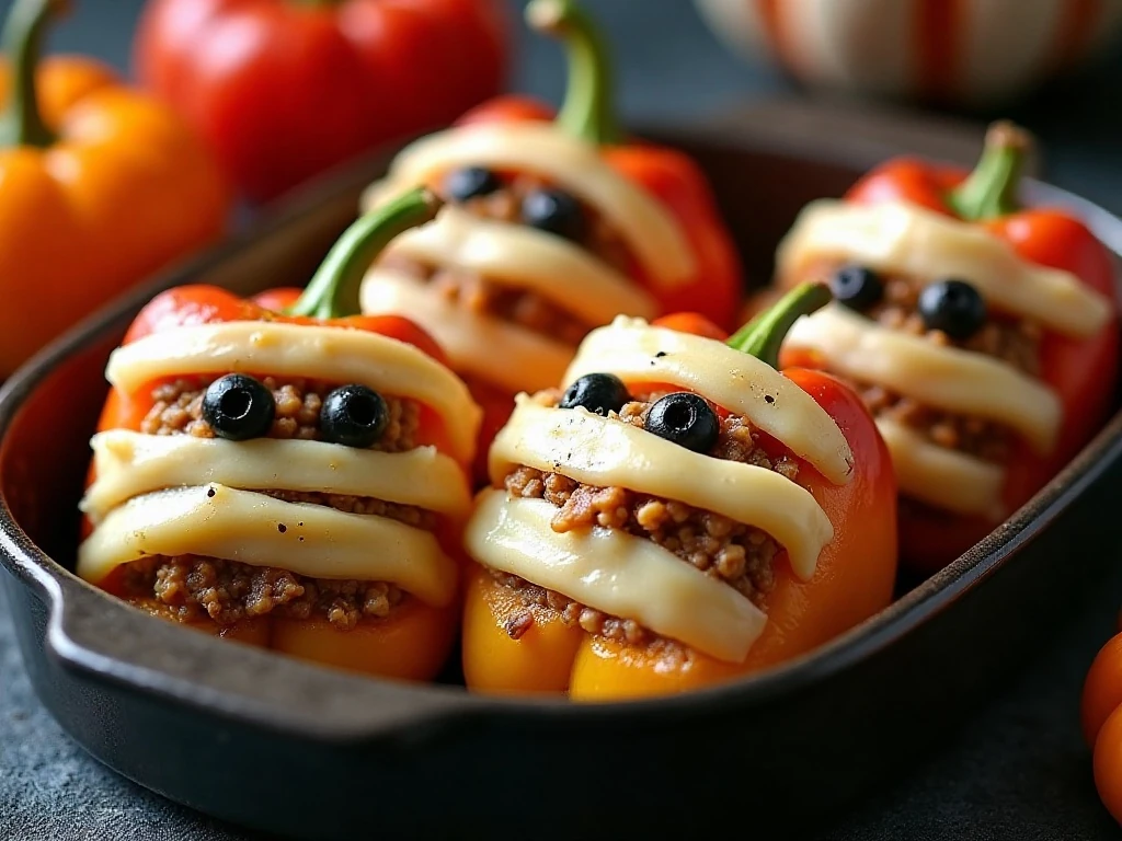 Halloween stuffed mummy peppers with mozzarella bandages and olive eyes