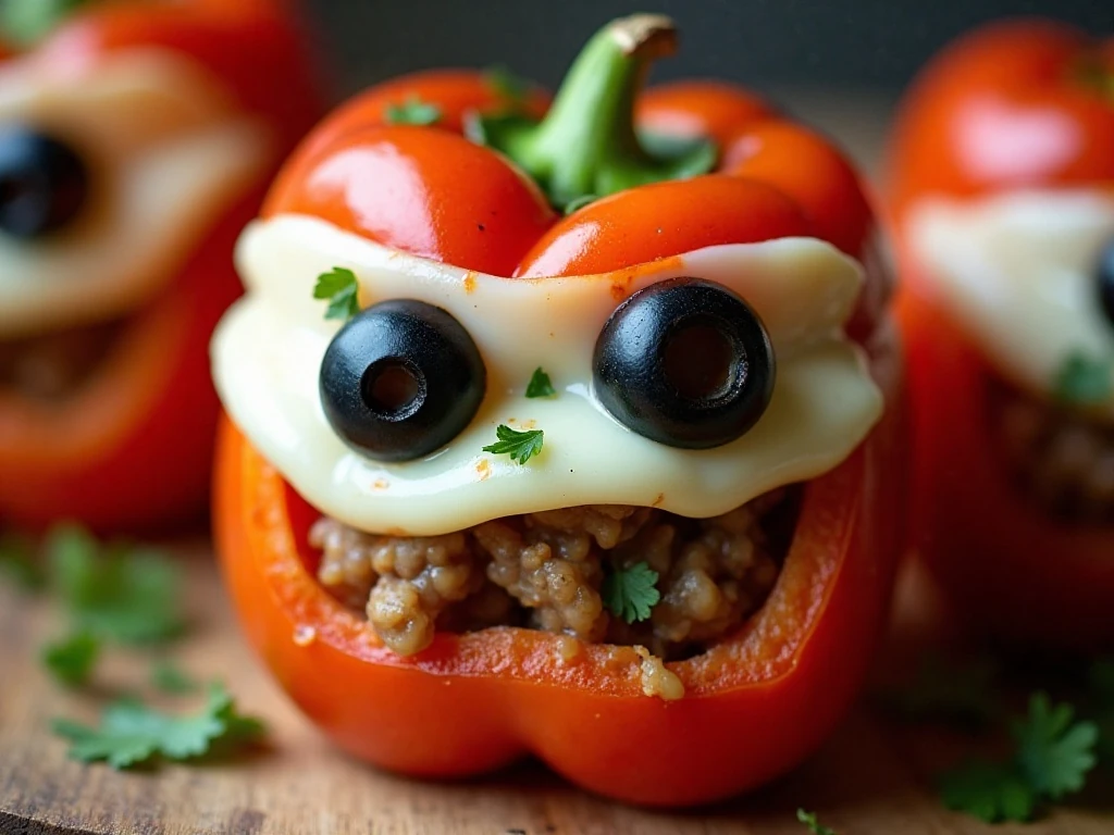 Close-up of mozzarella mummy pepper garnish and filling