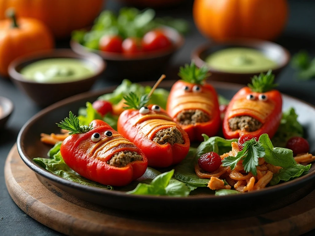 Stuffed mummy peppers served for a Halloween dinner