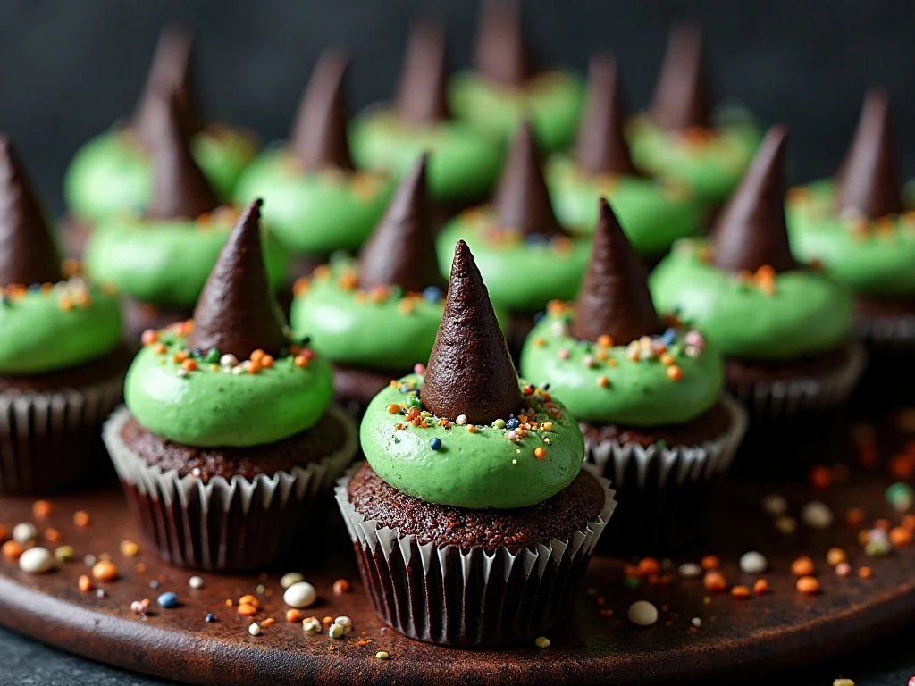 Tray of spooky Halloween witch-hat cupcakes