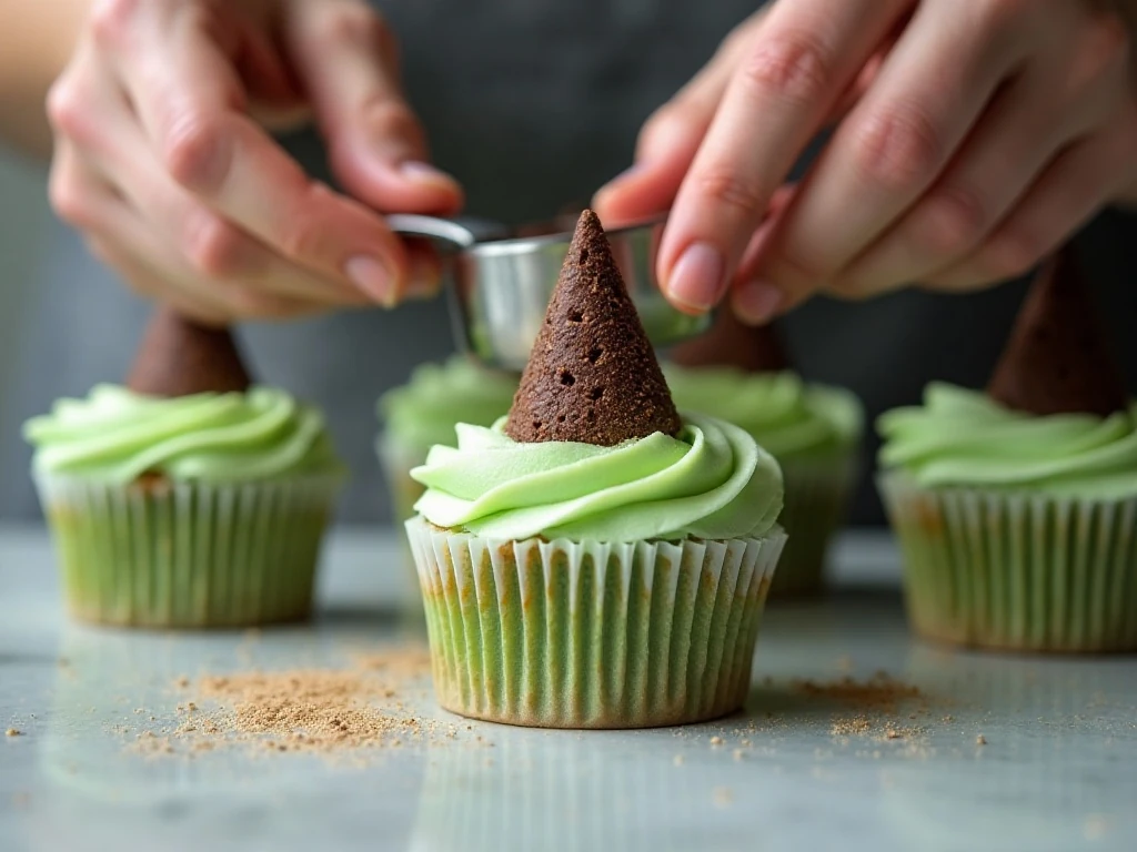 Assembling cookie and sugar-cone witch hats on cupcakes