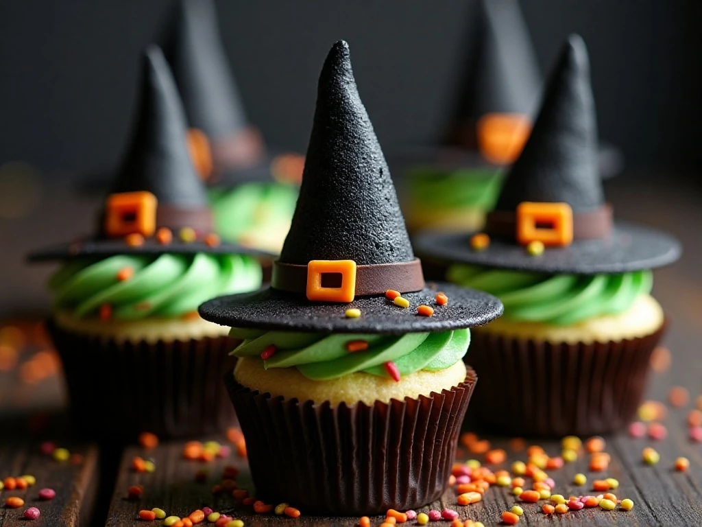 Close-up of decorated witch cupcake hatbands and buckles