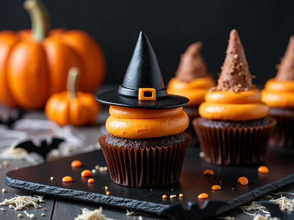Halloween party dessert table with witch cupcakes