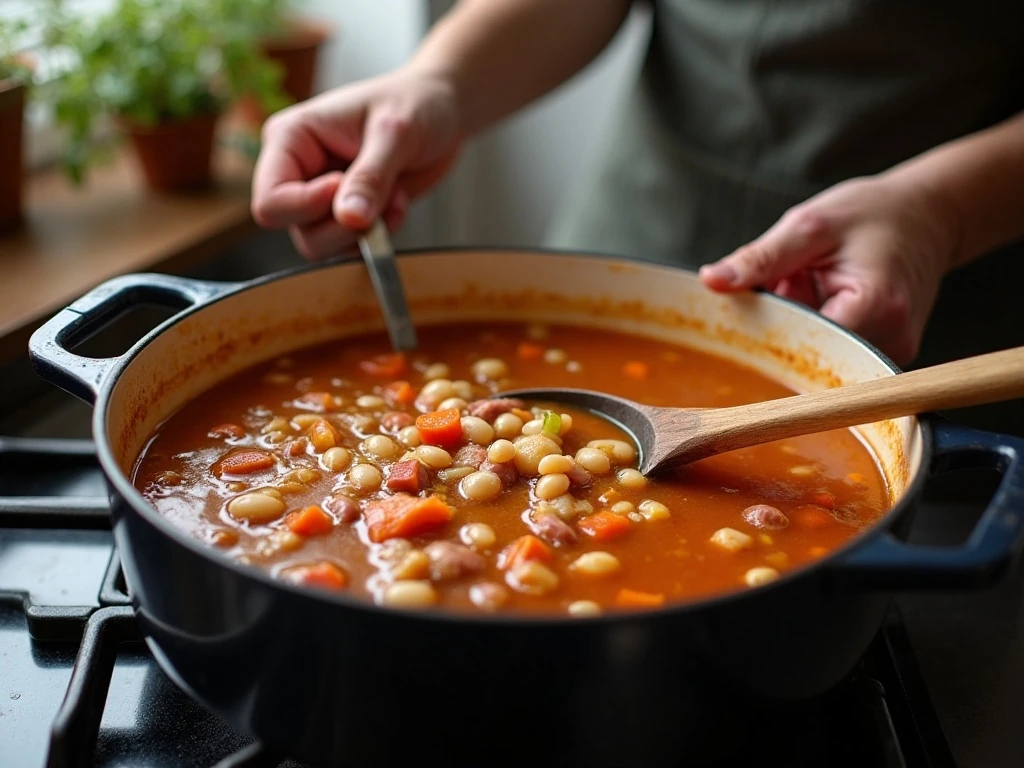 Ham and bean soup simmering in a Dutch oven