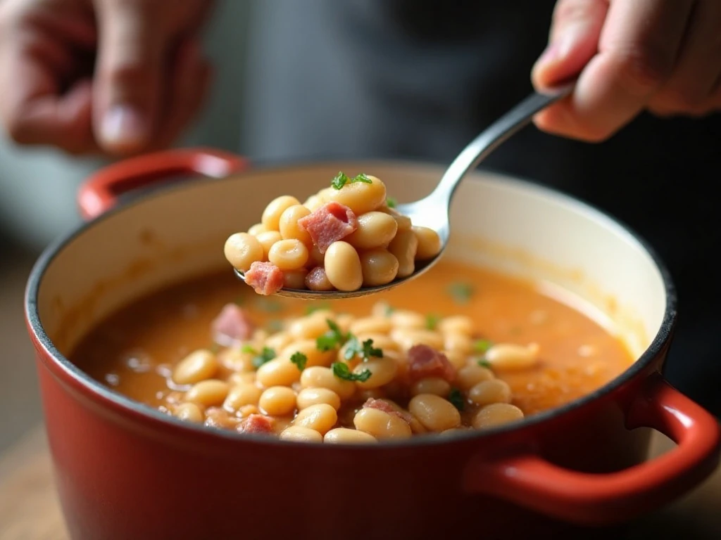 Mashing beans to thicken ham and bean soup