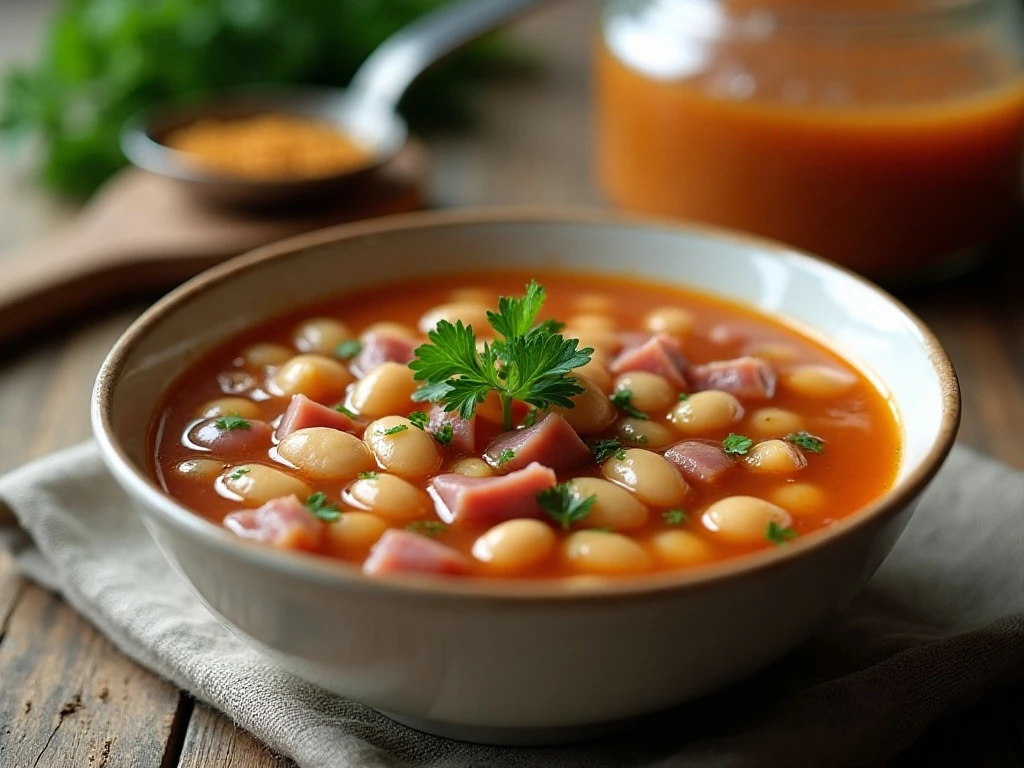 Reheated ham and bean soup garnished with parsley