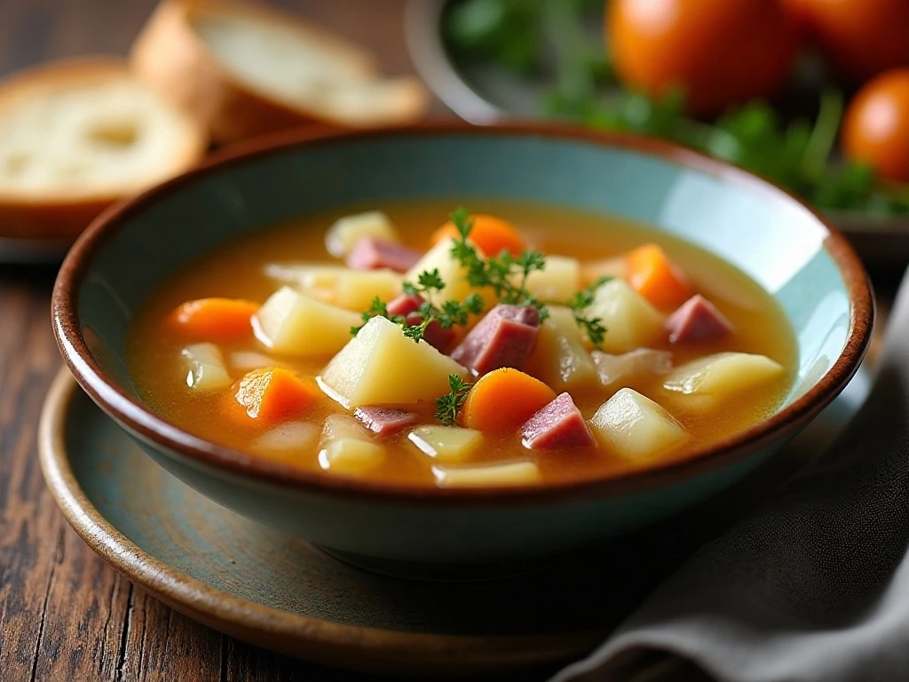 Cozy bowl of homemade ham and cabbage soup with potatoes and vegetables