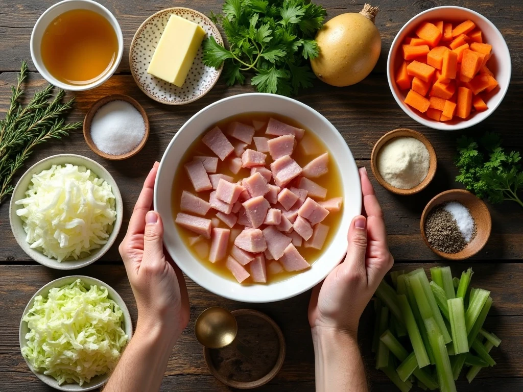 Ingredients for easy ham and cabbage soup arranged for cooking
