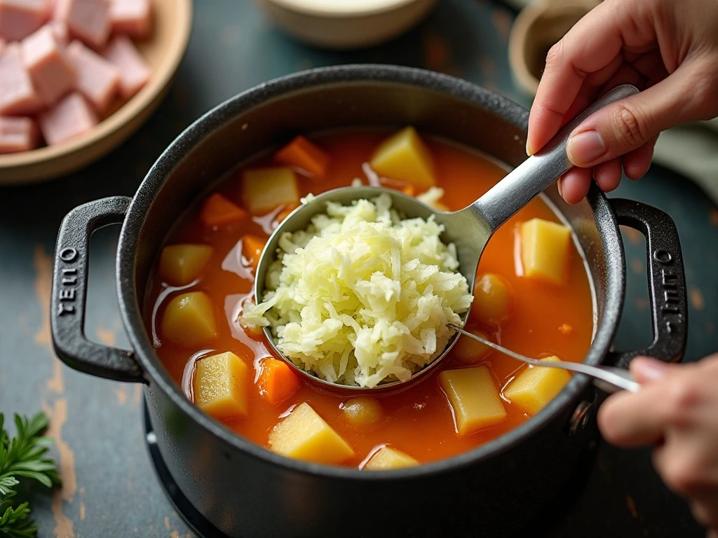 Adding cabbage and ham after potatoes begin cooking in soup