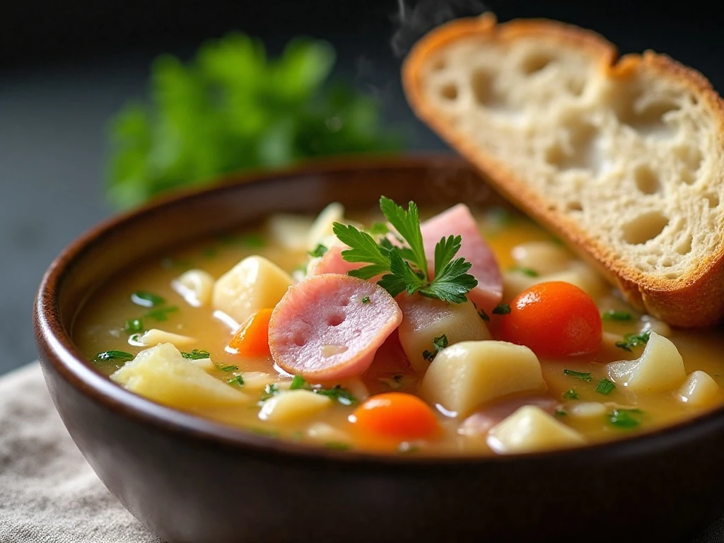 Ham and cabbage soup garnished with fresh parsley and served with bread