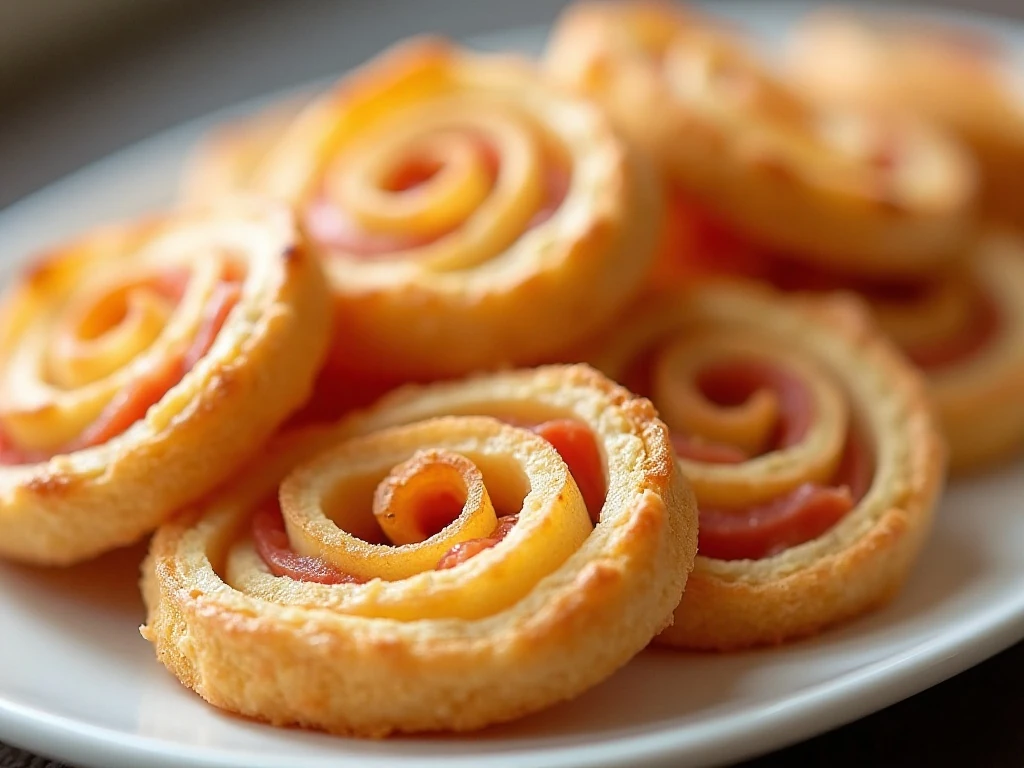 Golden ham and cheese puff pastry pinwheels served on a platter