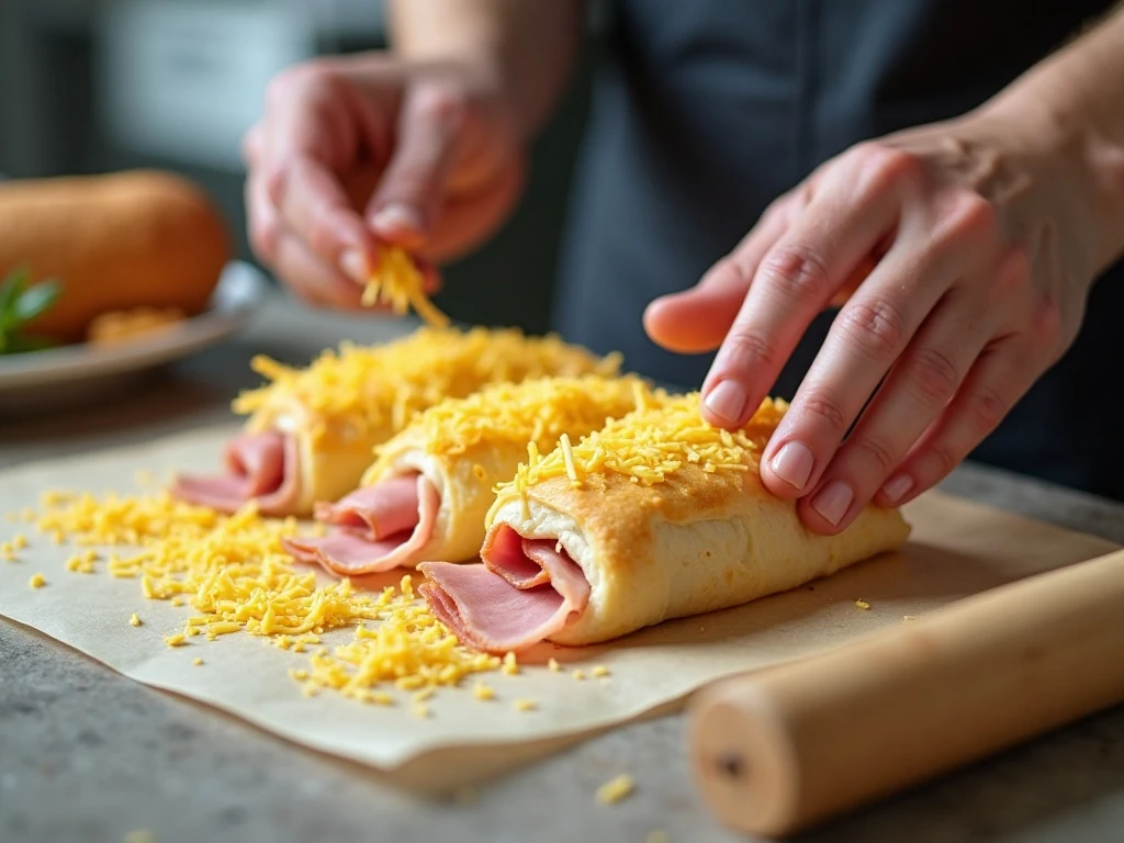 Layering ham and cheese on puff pastry for pinwheels