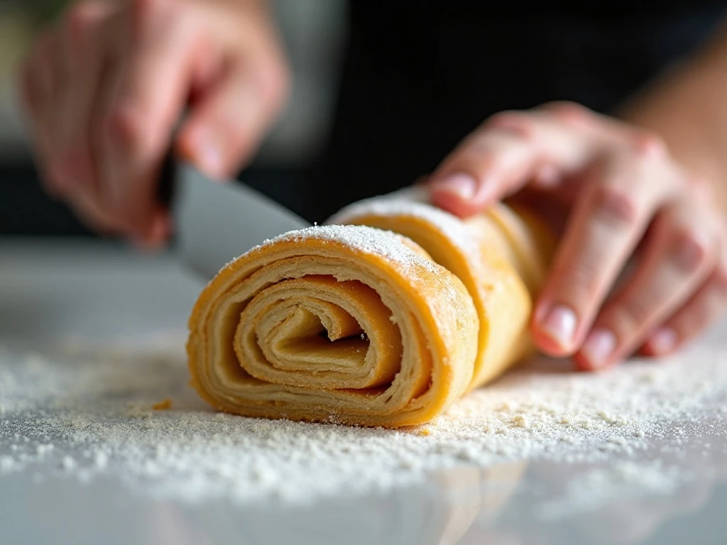 Slicing chilled puff pastry into ham and cheese pinwheels