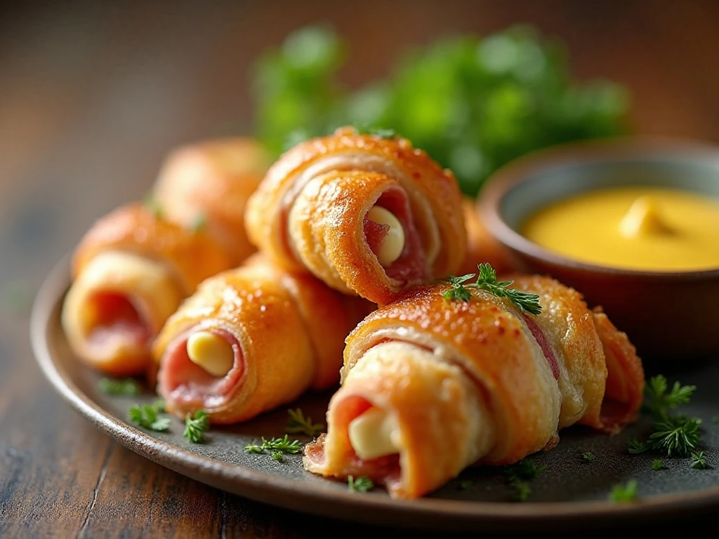 Close-up of ham and cheese pinwheels with Dijon mustard