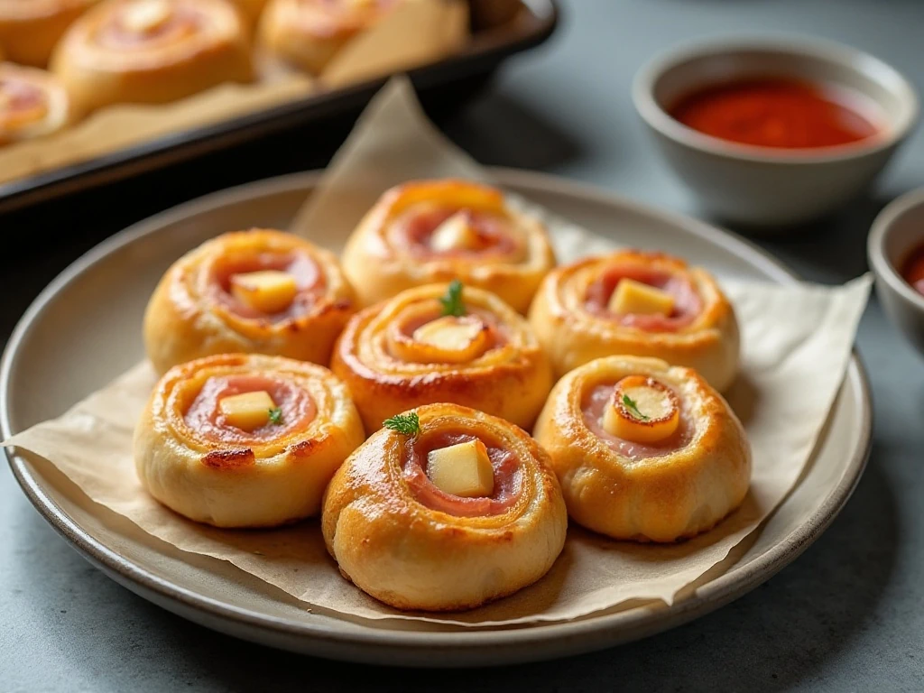 Reheated ham and cheese pinwheels with crisp pastry