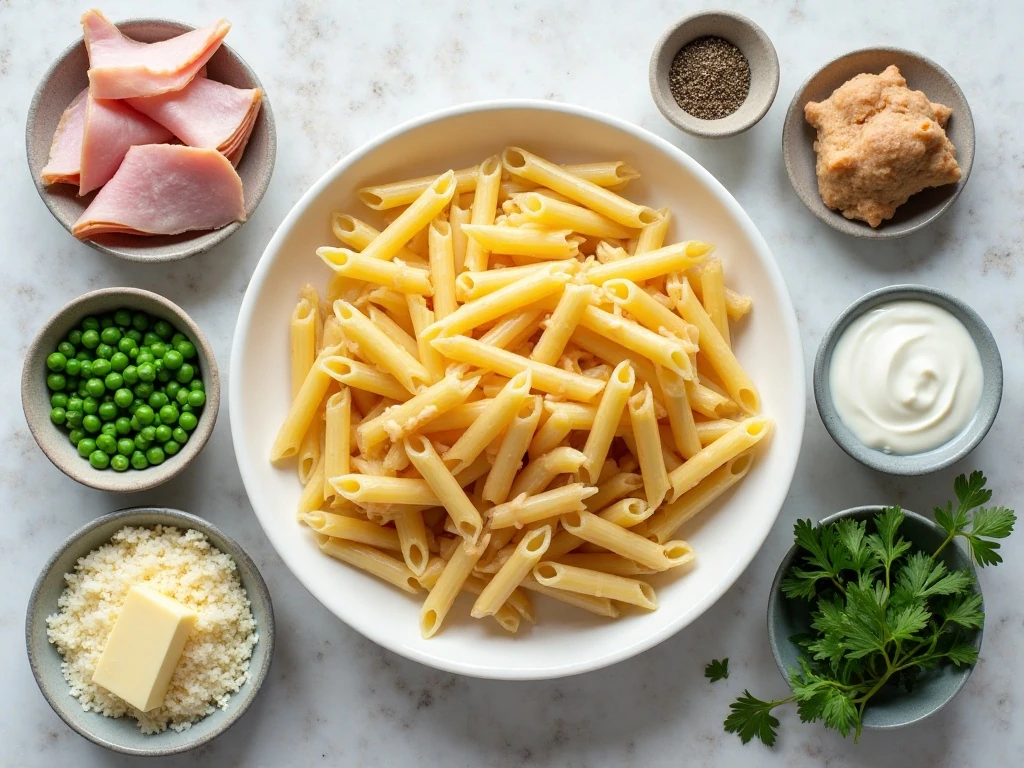 Ingredients for creamy ham and peas Alfredo pasta arranged on a counter