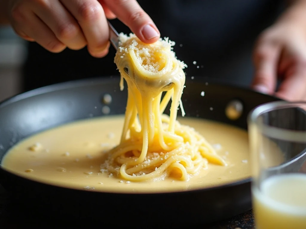 Fresh Parmesan being stirred into cream for a smooth Alfredo sauce