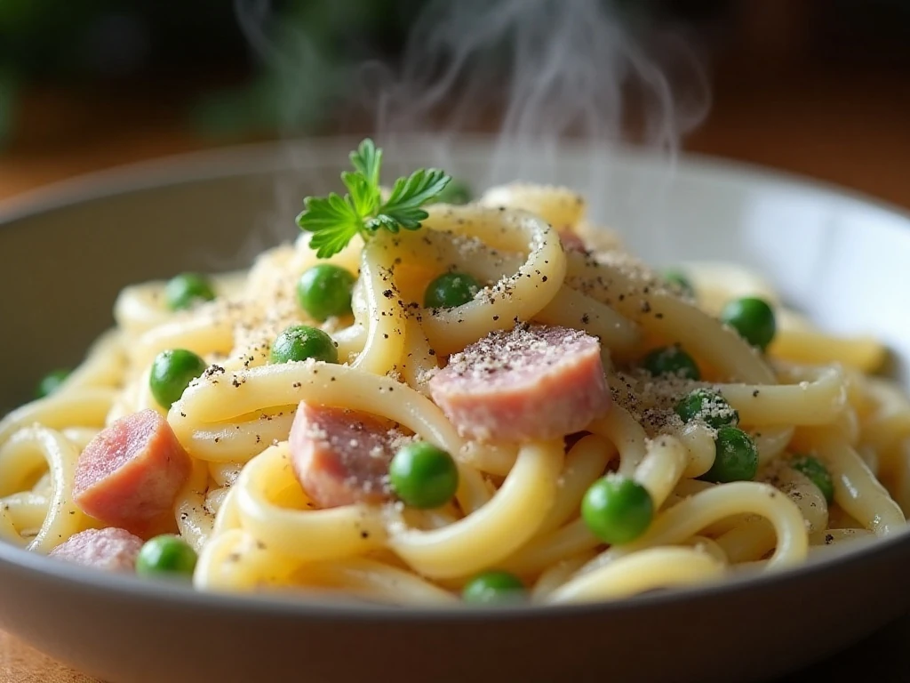 Close-up of reheated ham and peas Alfredo pasta with parsley and Parmesan