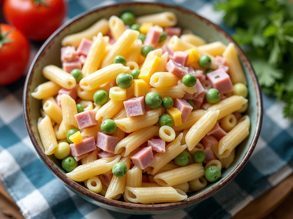 Colorful ham and pineapple pasta salad ready to serve