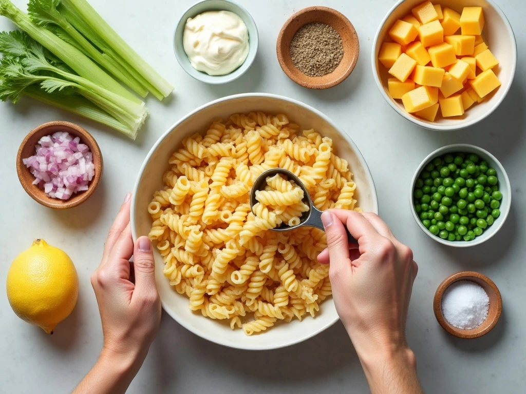 Ingredients for ham and pineapple pasta salad