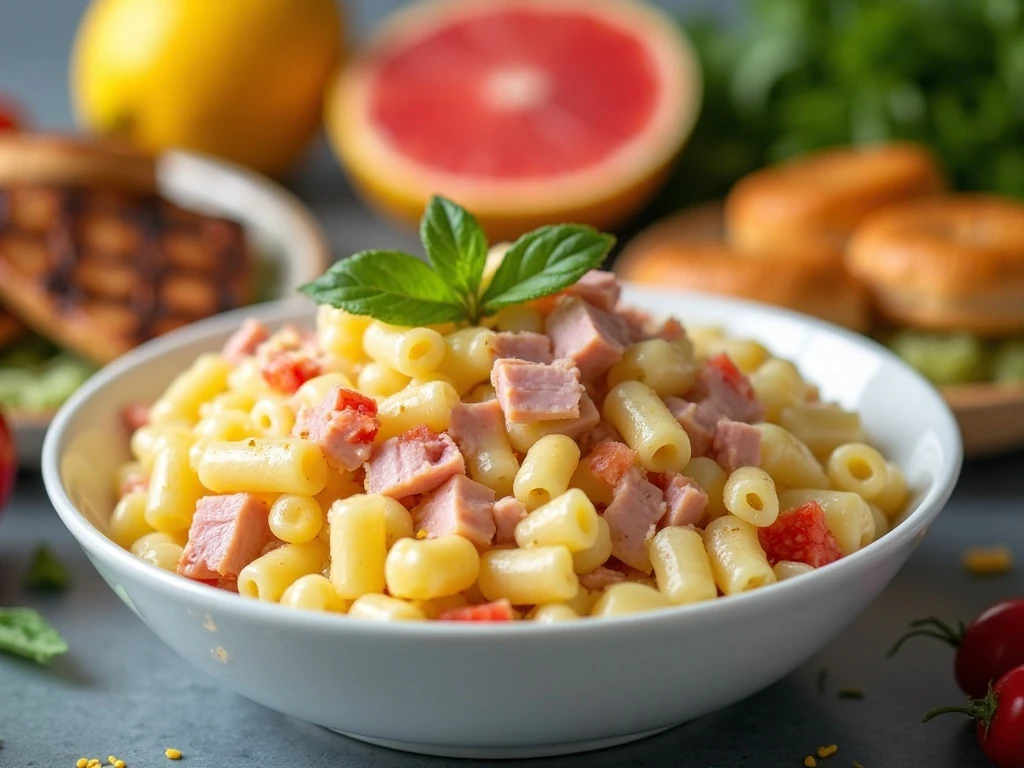 Ham and pineapple pasta salad served at a summer buffet
