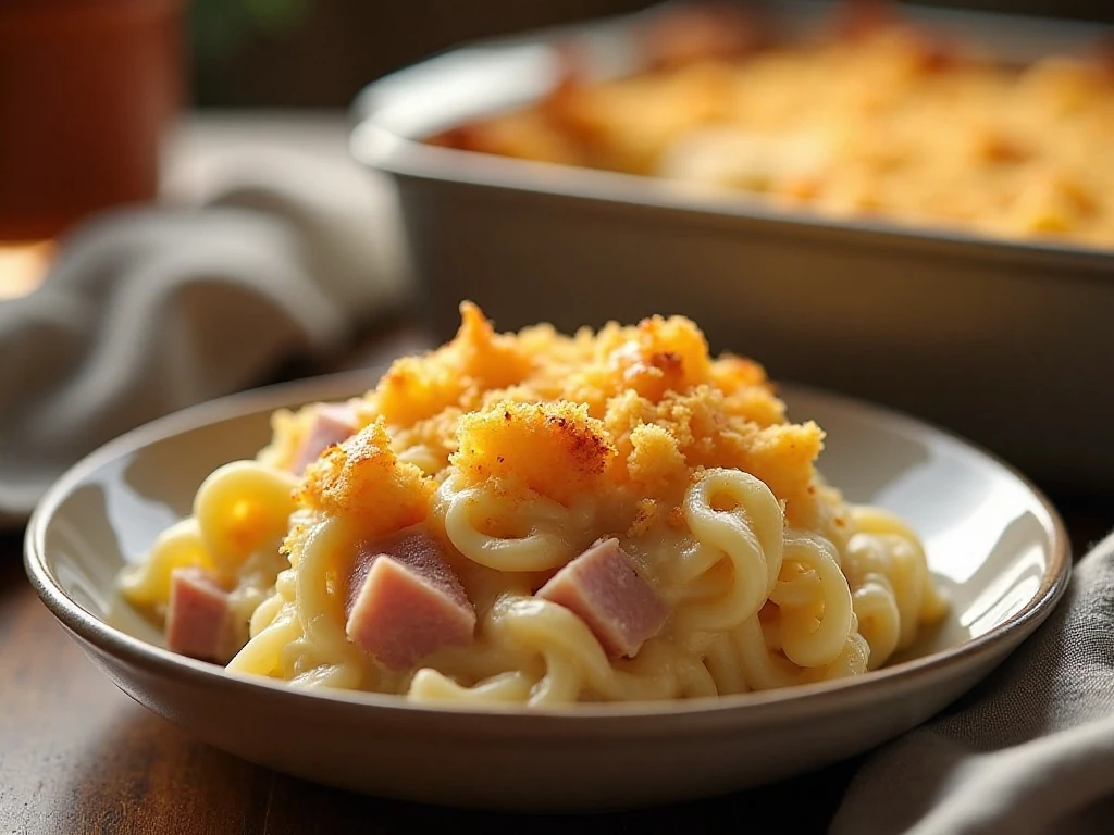 Creamy ham and Swiss noodle casserole ready for a comforting dinner