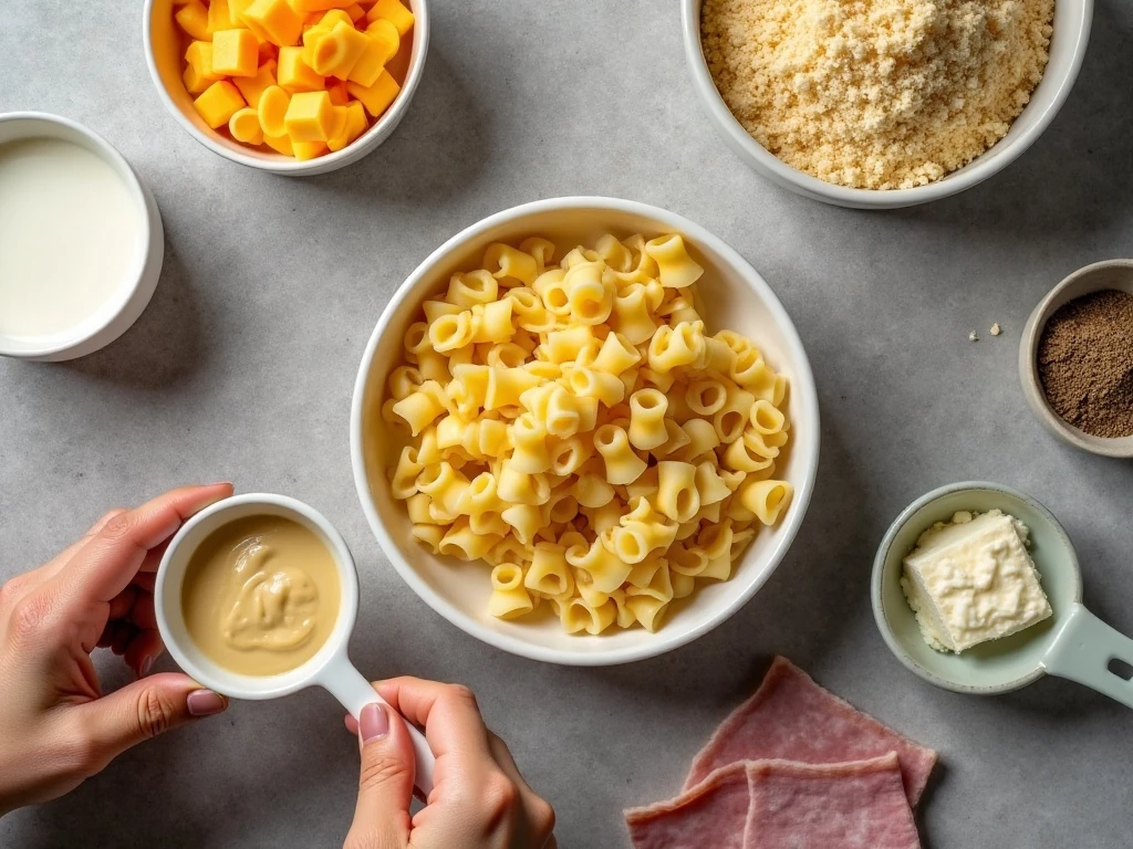 Ingredients for easy ham and Swiss noodle casserole
