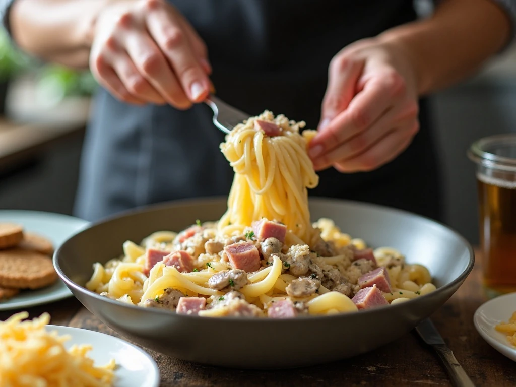 Mixing noodles, ham, and creamy sauce for the casserole