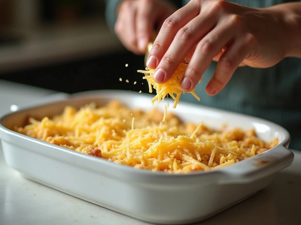 Adding buttered breadcrumbs to the Swiss cheese casserole topping