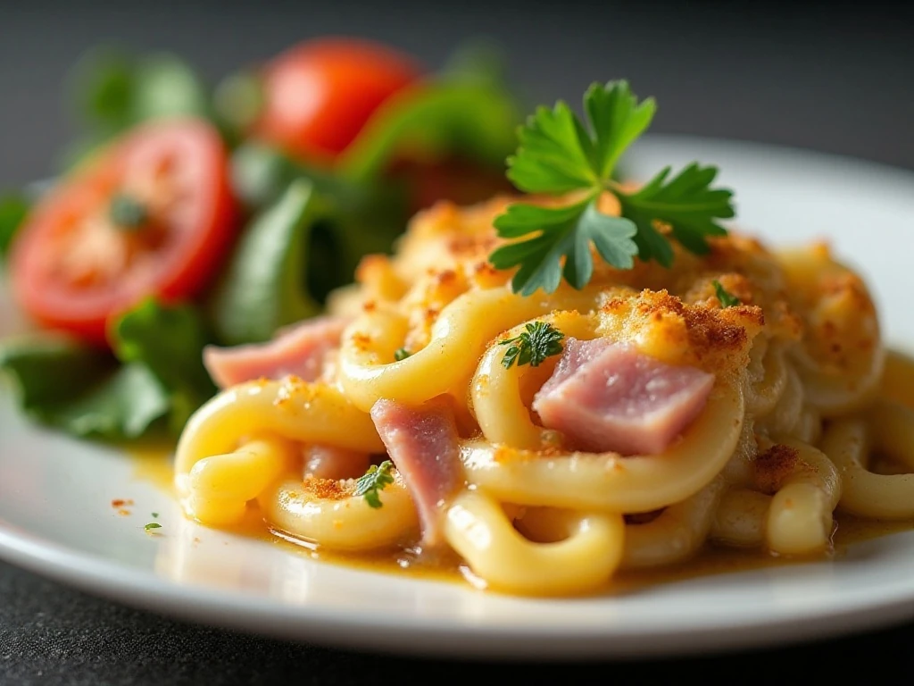 Ham and Swiss noodle casserole served with vegetables