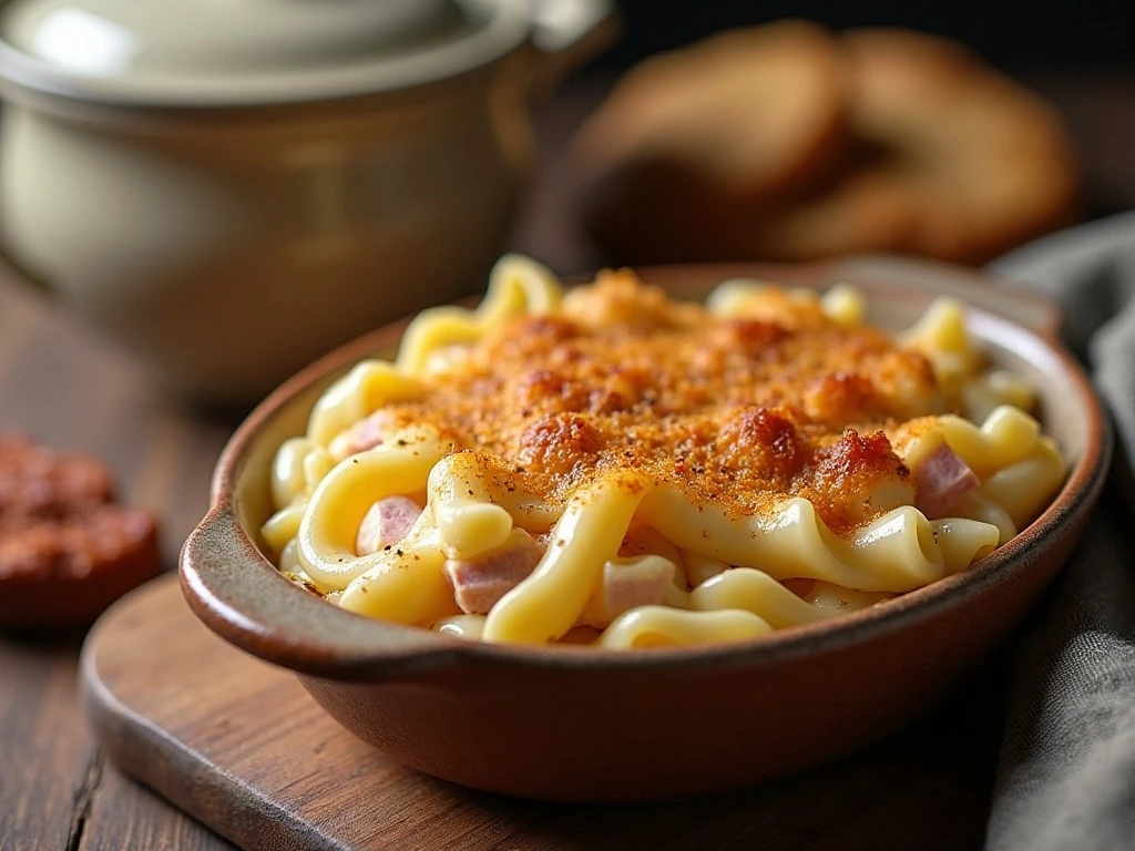 A reheated serving of ham and Swiss noodle casserole