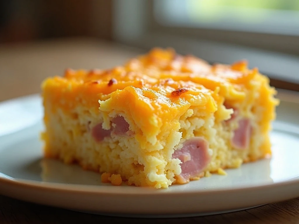 Slice of slow cooker ham and cheddar breakfast casserole served for breakfast