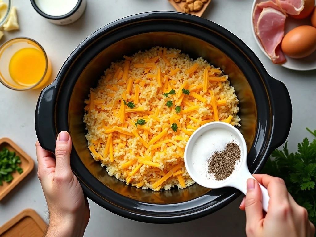 Ingredients for easy slow cooker ham and cheddar breakfast casserole