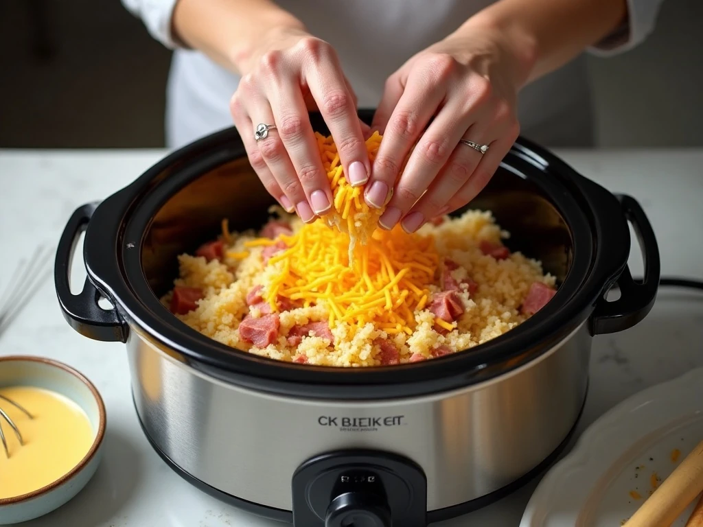 Layering hash browns ham and cheddar in a slow cooker