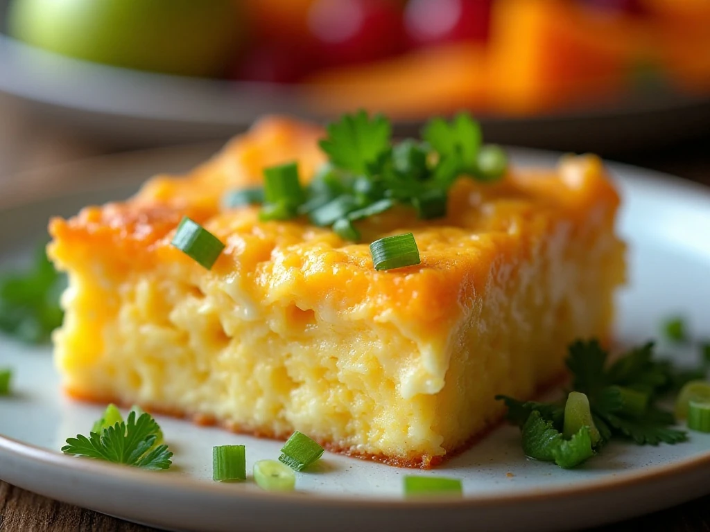 Ham and cheddar breakfast casserole garnished with parsley and green onion