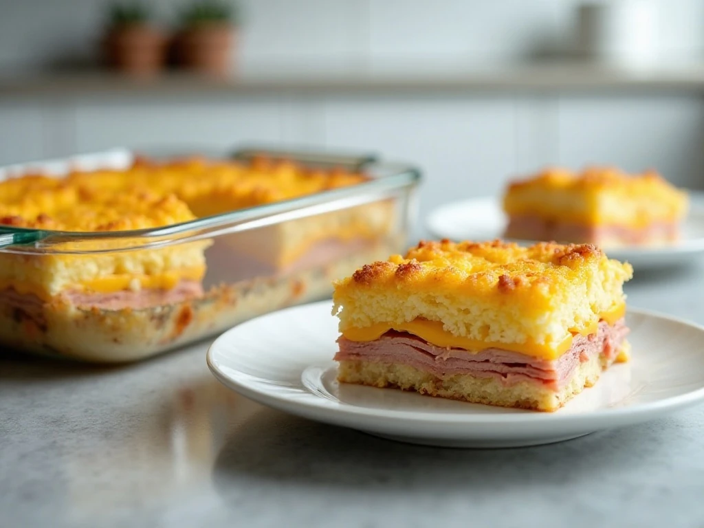 Stored and reheated slices of slow cooker breakfast casserole