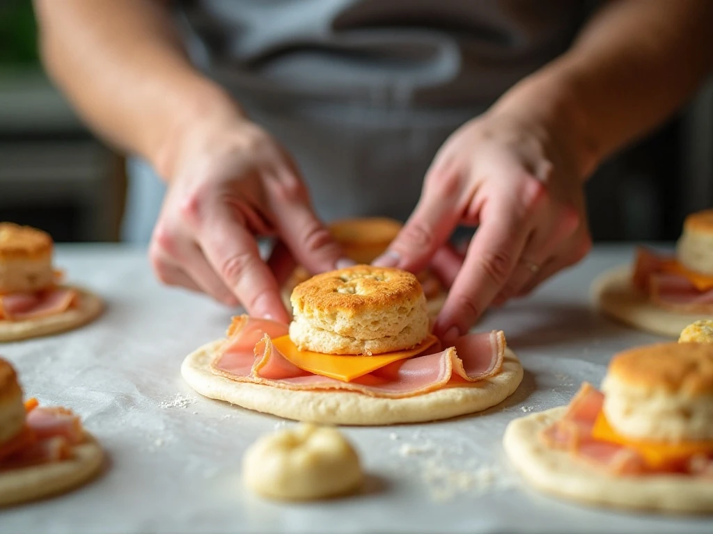 Preparing biscuit dough pockets with ham and cheese