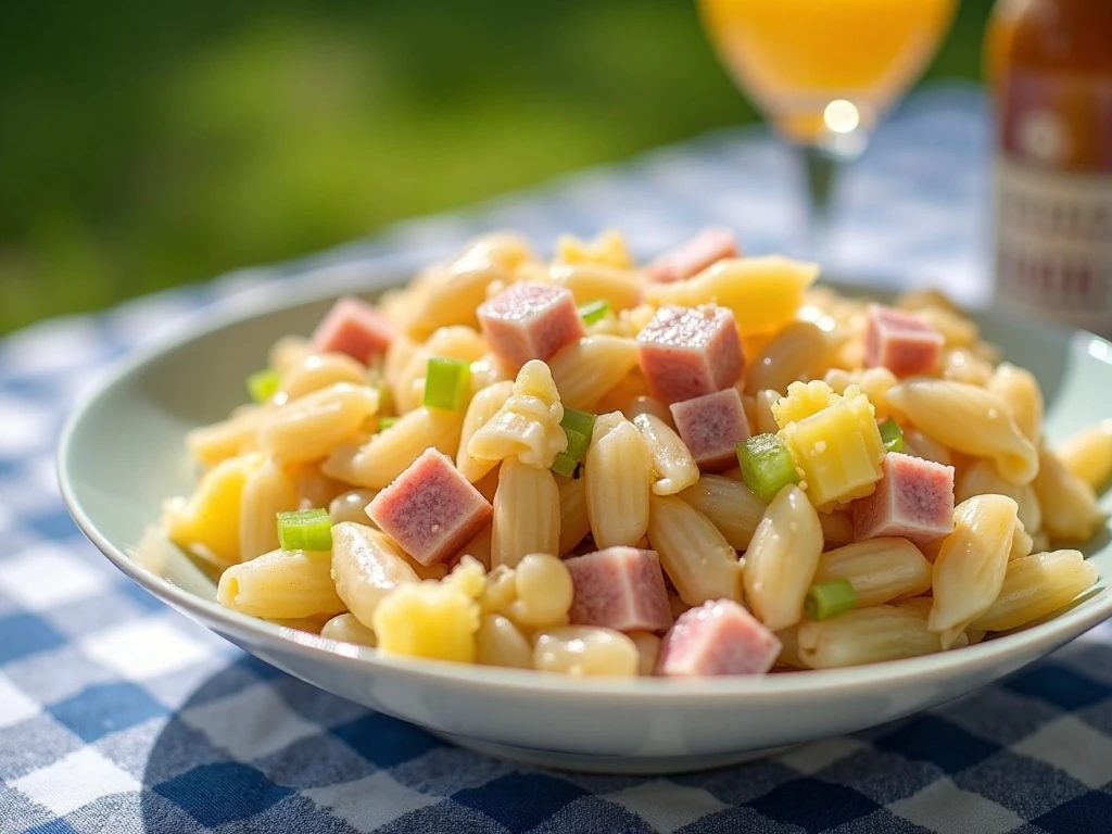 Creamy ham and pineapple pasta salad served as a colorful summer side dish