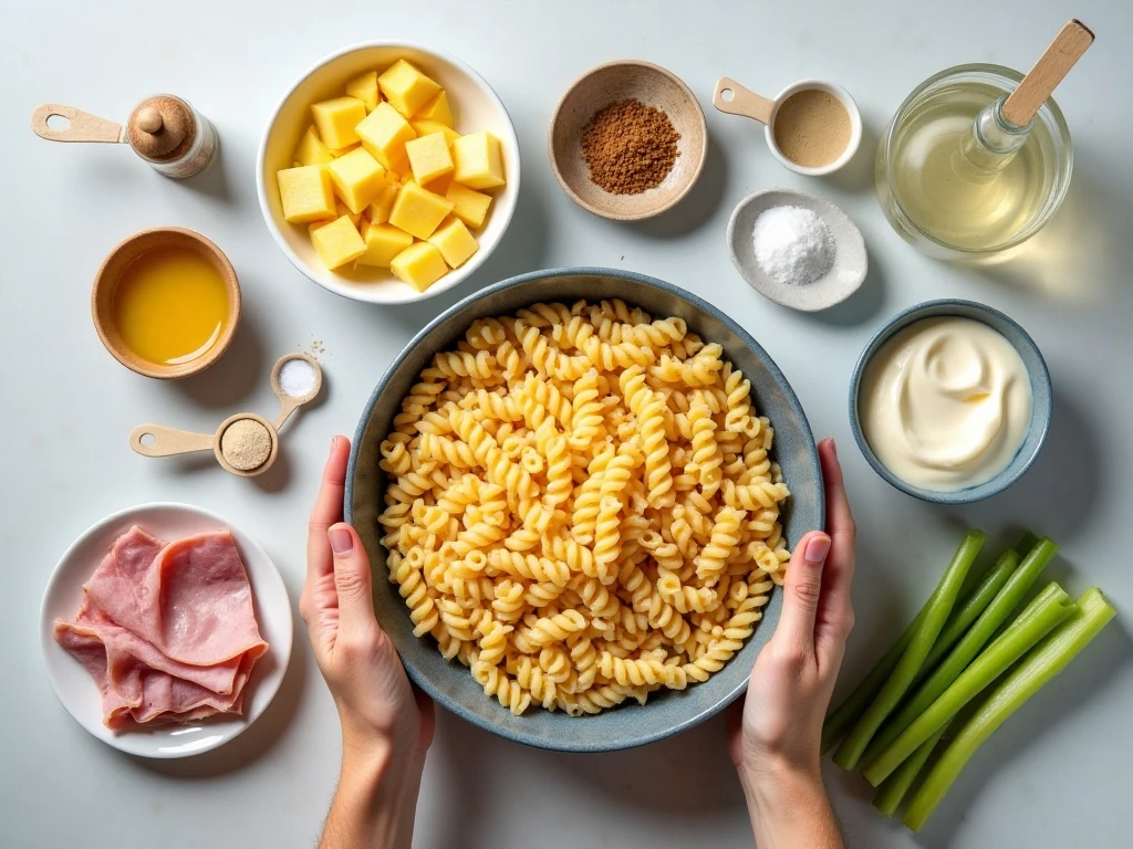Ingredients for easy ham and pineapple pasta salad