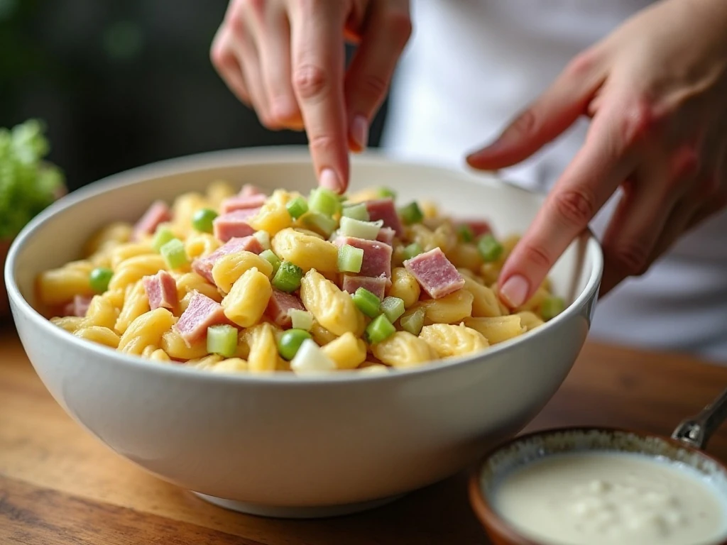 Combining pasta, ham, pineapple, vegetables, and dressing for pasta salad
