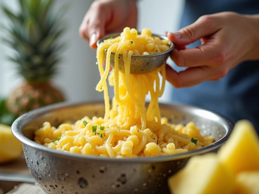 Draining pasta and pineapple for the best pasta salad texture