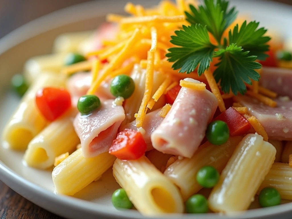 Ham and pineapple pasta salad with optional cheddar, peas, pepper, and parsley