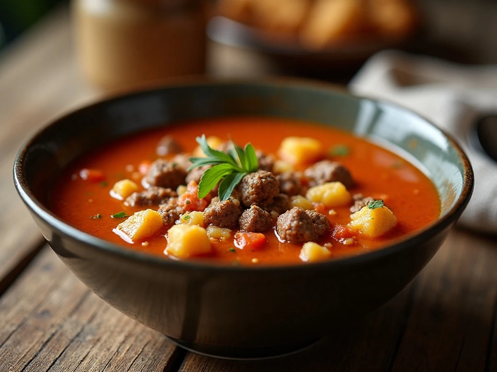 Bowl of cozy hamburger cauliflower soup with beef, tomatoes, and cauliflower
