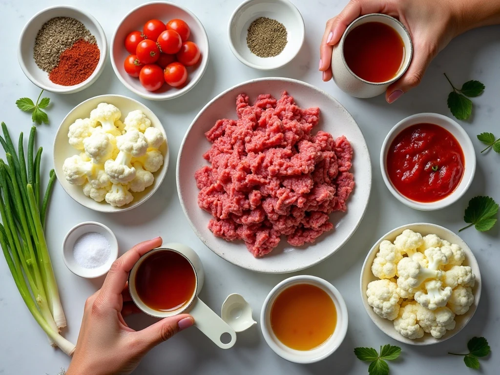 Ingredients for easy hamburger cauliflower soup arranged on a counter