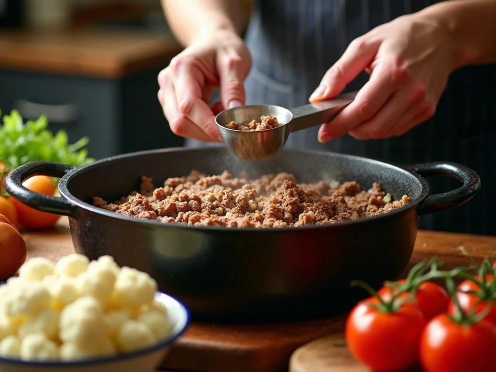 Ground beef and onion cooking in a Dutch oven for cauliflower soup