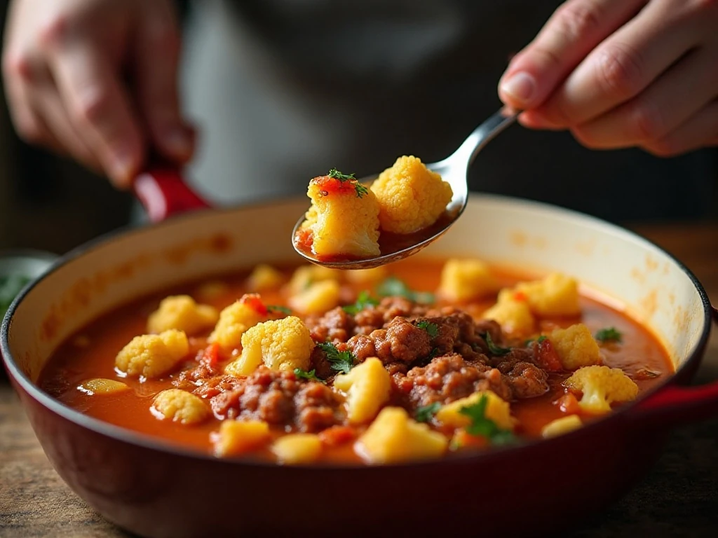 Hamburger cauliflower soup gently simmering in a Dutch oven